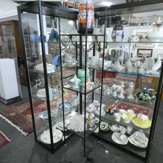 3 TEIR CAST IRON & GLASS DISPLAY STAND H1780 W370 ONE SHELF CHIPPED