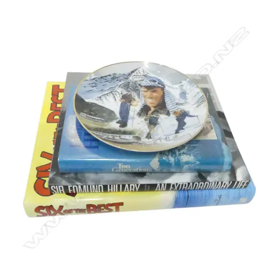 2 BOOKS ON EDMUND HILLARY + PLATE 210mm + MURRAY BALL 'SIX OF THE BEST'