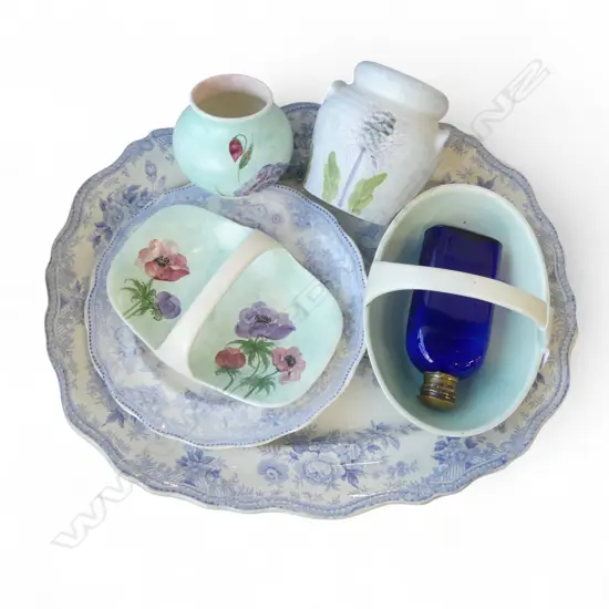 ASIATIC PHEASANT ASHET W.465mm & PLATE, 4 PCES RADFORD CHINA, BLUE GLASS BOTTLE H.155mm