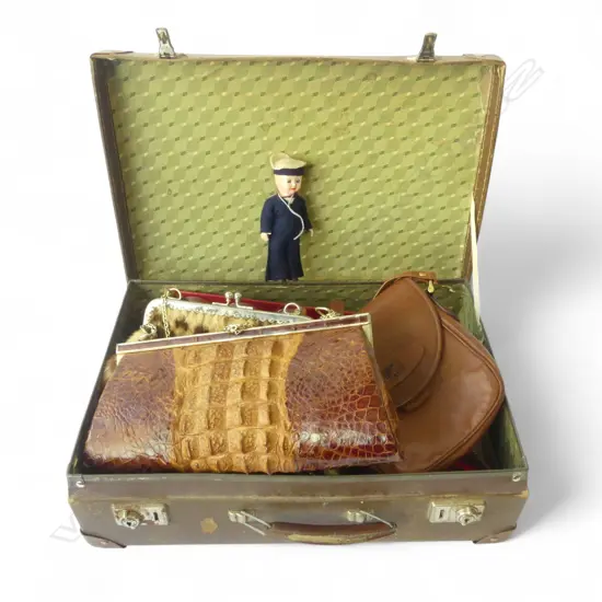 SUITCASE ASST. ITEMS; VINTAGE HANDBAGS INCL. COUGAR FUR, CRYSTAL ETC