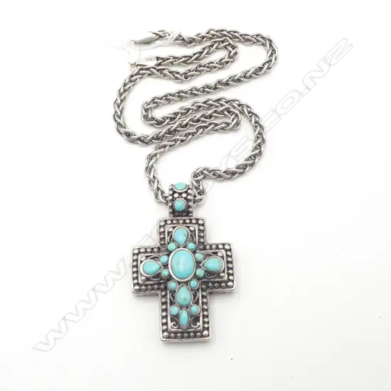 HEAVY SILVER AND TURQUOISE CROSS WITH CHAIN 47.44gms