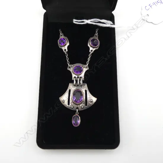 ARTS AND CRAFTS 950 SILVER with GOLD RIM  AROUND AMETHYST NECKLACE BY MURRIE BENNET & CO.13.6gms