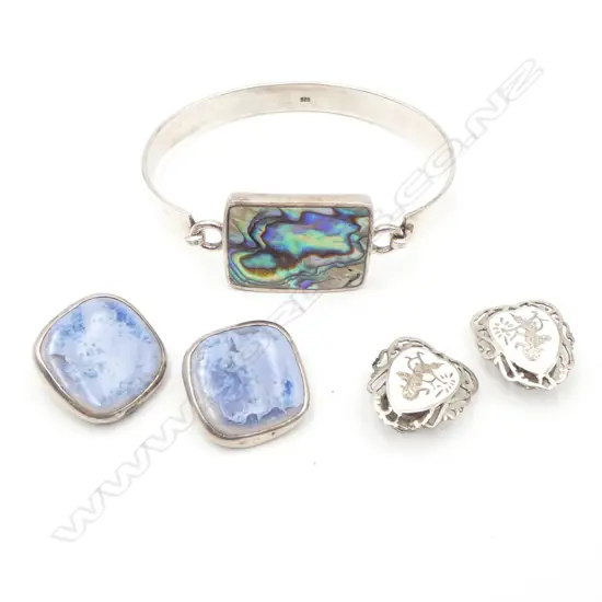 SILVER AND PAUA CUFF/2 PAIRS SILVER EARRINGS