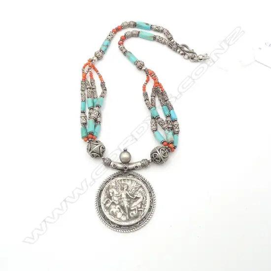 TRIBAL SILVER TURQUOISE AND CORAL NECKLACE
