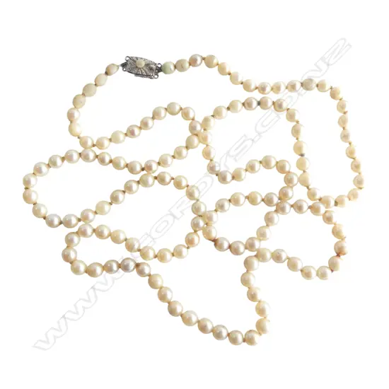 MIKIMOTO PEARL NECKLACE w. 9CT WG CLASP L.820mm SHOWING WEAR