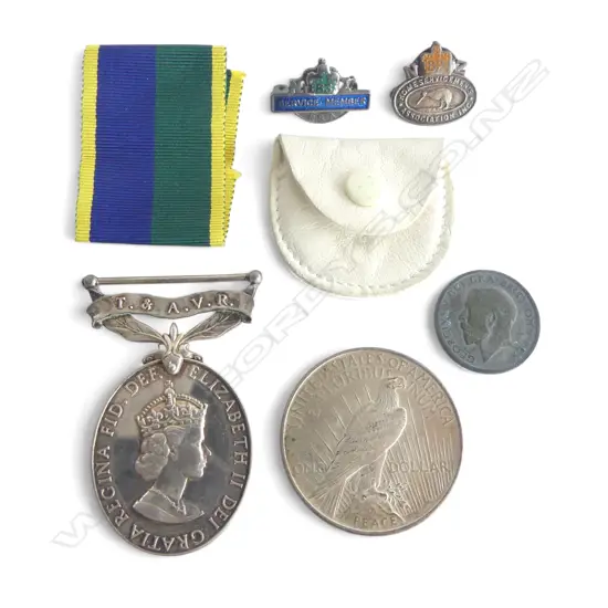 BRITISH EFFICIENCY MEDAL WITH LOOSE RIBBON (1969-2000), SILVER PEACE DOLLAR, 2 SERVICE PINS + GEORGE V COIN