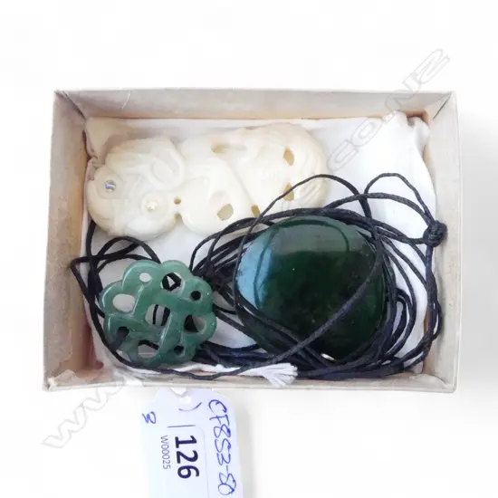 2 POUNAMU PENDANTS + BONE CARVED HEI TIKI 