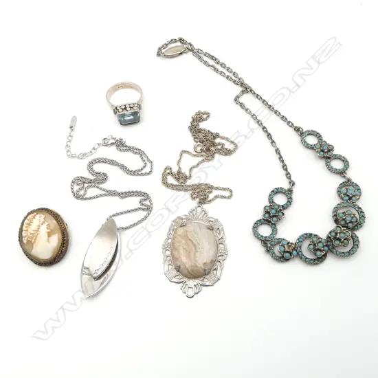 VIVENTY SILVER PENDANT (set with zircons) AND CHAIN/ SILVER AQUAMARINE? RING/2 COSTUME NECKLACES & CAMEO BROOCH