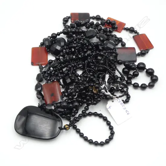 4 BLACK GLASS BEAD NECKLACES Incl. CHINESE DRAGON PENDANT