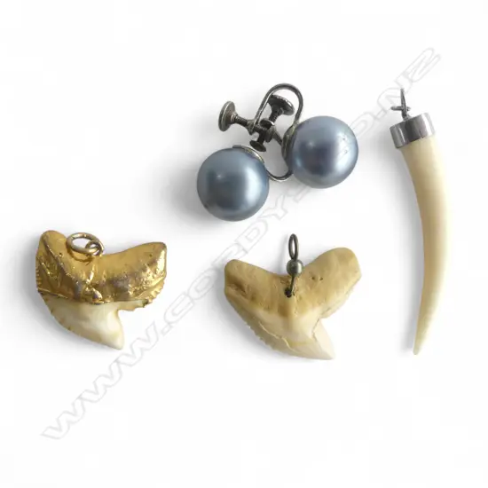 2 SHARKS TOOTH PENDANTS, PR FAUX PEARL EARRINGS & OTHER