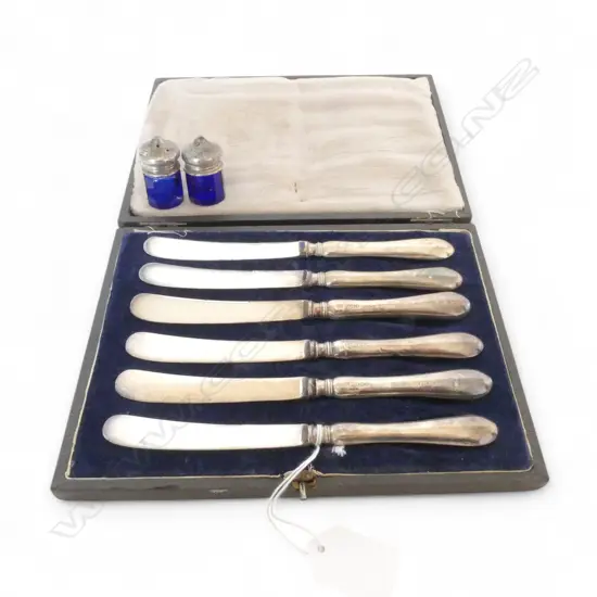 6 STG SILVER HANDLED BUTTER KNIVES, CASED + 2 STG CONDIMENTS