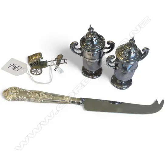 4 PCES SILVER; PR CONDIMENTS, CHEESE KNIFE, ORIENTAL HAND CART