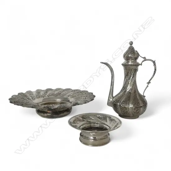 EUROPEAN 900 SILVER 3 PIECE SET: COFFEE POT H.280mm+ LGE BOWL Dia.315mm + SMALL STAND. Embossed wrythen florals. 1480gms