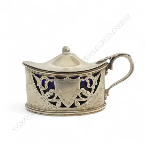 BIRMINGHAM 1899 ADAM STYLE MUSTARD POT + spoon 81gms (silver weight)  w BLUE GLASS LINER