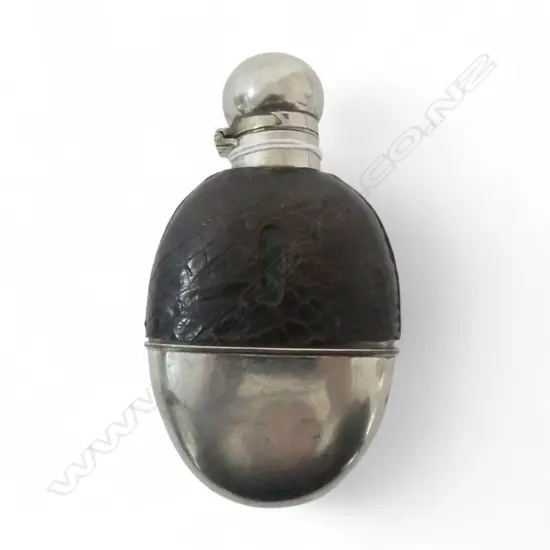 EDWARDIAN SILVER PLATE HIP FLASK half crocodile leather cup to the base bayonet closing top 