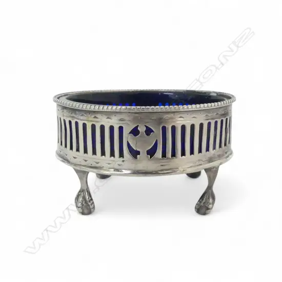 GEORGE III SILVER GALLERY SALT 45gms silver weight with original blue glass LINER London 1777
