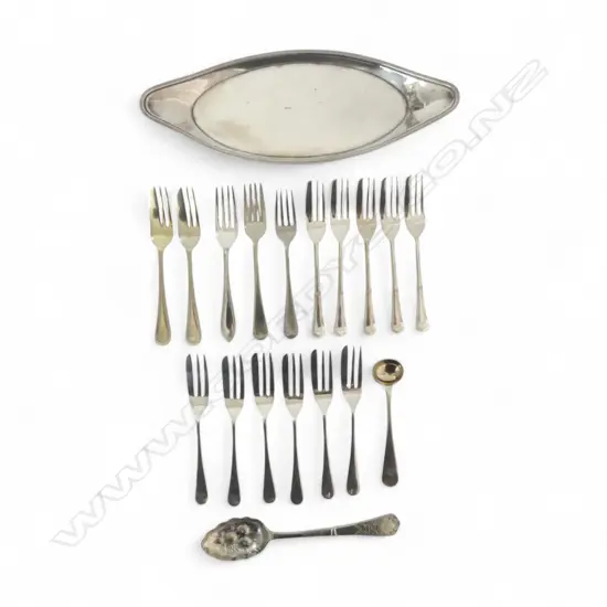 OLD SHEFFIELD PLATE LOZENGE DISH + ASST. SILVER PLATE: 12+ CAKE FORKS + berry spoon etc