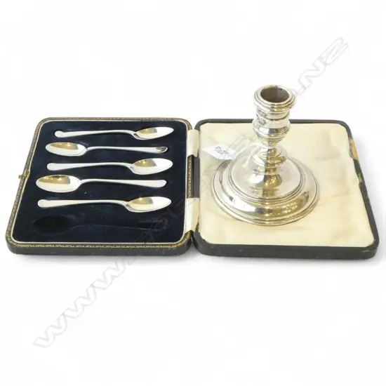 5 STG SILVER TEASPOONS 68gms + CANDLESTICK, WEIGHTED