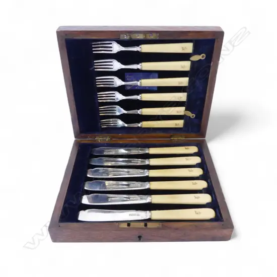 STG SILVER BLADE & IVORY 6 PLACE FISH SET, SHEFFIELD 1918, CASED