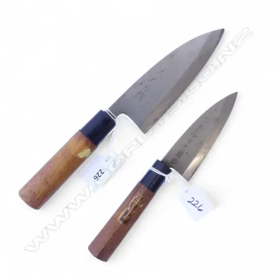 2 OLD JAPANESE CARBON STEEL CHEFS KNIVES L.265, 215mm