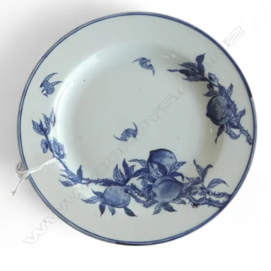 Blue and White Bat-Peach Pattern Plate.  Dia.232mm. Representing happiness (bat) & longevity (peach)
