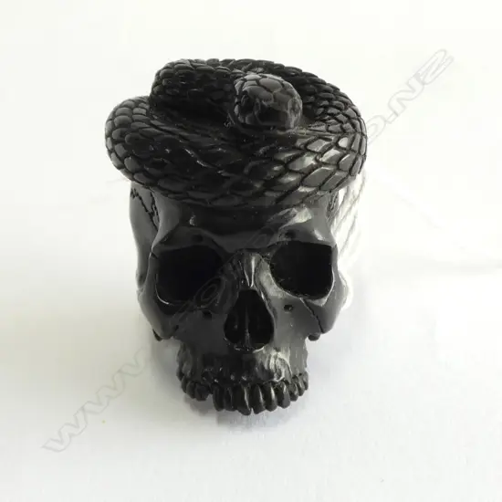 EBONISED WOOD CARVED SKULL & SNAKE OKIMONO, UNSIGNED
