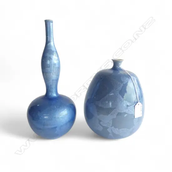 2 STUDIO POTTERY VASES by TACHIBANA HASHIRO H.300 & 220mm blue glaze decorated in ginsai technique with silver foil