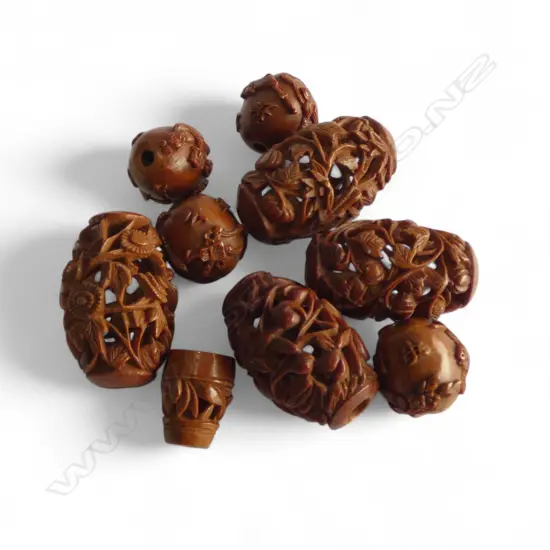 9 19thC CHINESE CARVED & PIERCED PEACH STONES