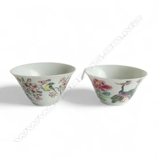 PR CHINESE FAMILLE ROSE WINE CUPS YOUNGZHENG? 65mm dia both w. hairlines