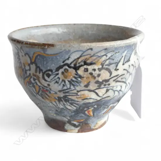 JAPANESE ARTIST POTTER SAKE CUP glazed dragon decoration gilt highlights. Dia.73mm. 