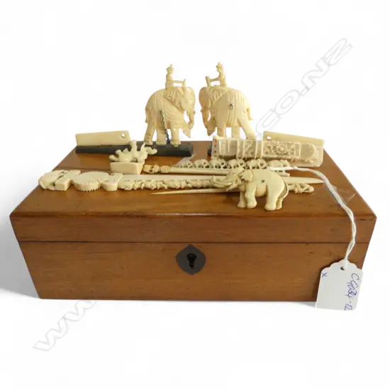 OLD MAHOGANY DEEDS BOX with CARVED IVORY COLLECTION elephant bookends etc 1 elephant not ivory