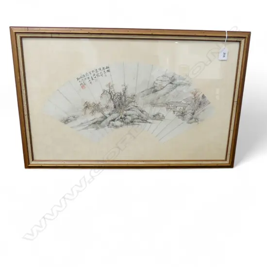 FRAMED CHINESE 19thC FOLK ART FAN, INSCRIBED AUTUMN POEM TRANSLATED VERSO, 350x580mm