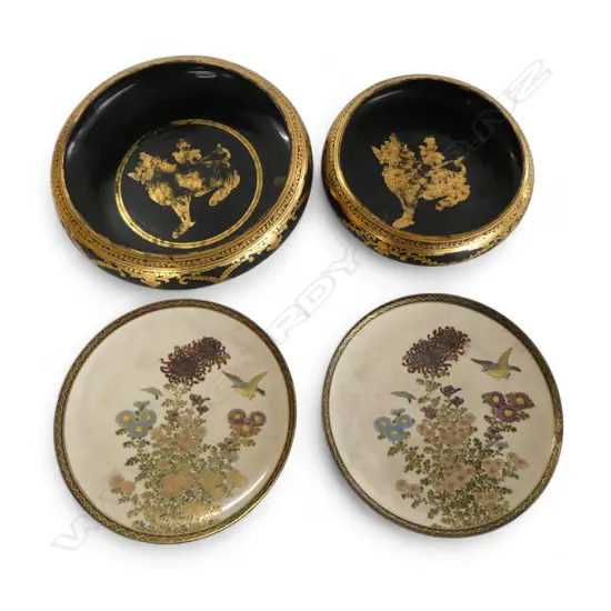 2 SIGNED SATSUAMA PLATES 185mm dia, CHIPS + 2 THAI LACQUER BOWLS 225mm dia