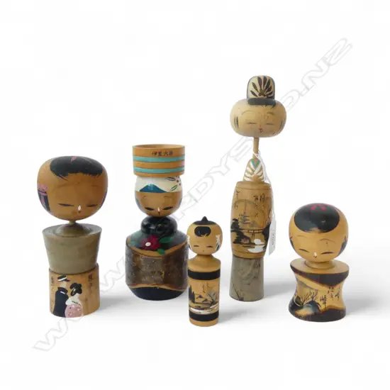 5 1950's VINTAGE KOKESHI DOLLS , 3 w nodding heads, H.85 - 210mm