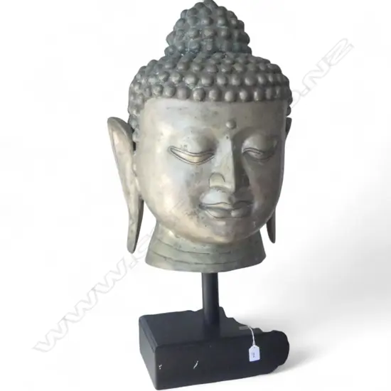 JAVANESE SILVER METAL BUDDHA HEAD ON PLINTH EX EICHHOLTZ H.850mm