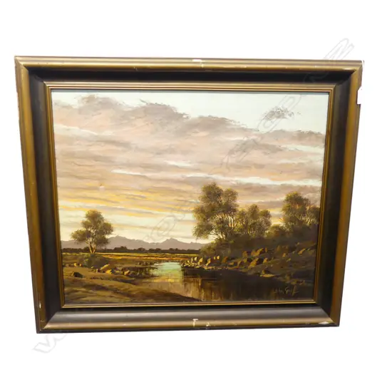 JOHAN GREEFF (SA c.1904 - 1949) SUNSET LANDSCAPE, OIL ON CANVAS 500x600mm impact mark
