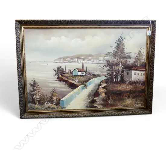 LARGE GILT FRAMED OIL ON BOARD ITALIAN COAST SIGNED DANTE H570 L880MM