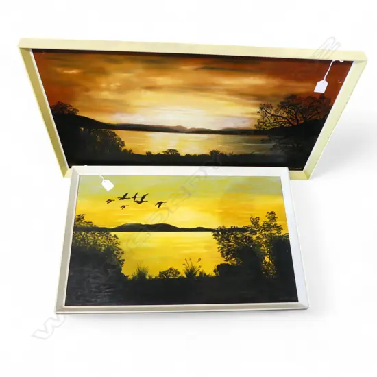 2 MID CENTURY OILS ON BOARD SUNSET SCENES SJ LITTLEWOOD H360 W580MM & VEE BARKER H390 W710MM