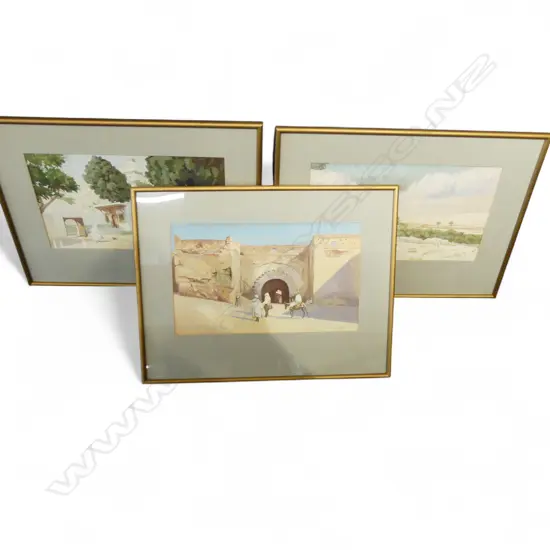 3 INDISTINCTLY SIGNED PAINTINGS, EASTERN SCENES, 270x450mm