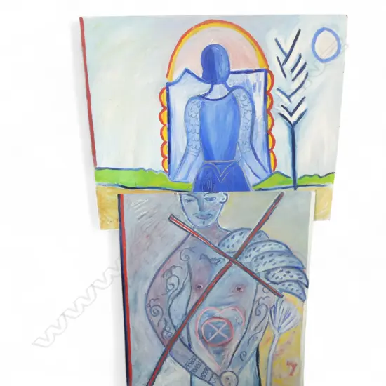 LEE FELTHAM, YOUNG GIRL IN BLU & ANGEL , ACRYLIC ON BOARD x 2, LGST 1200 X 1000MM provenance below