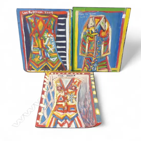 LEE FELTHAM, ABSTRACT STUDIES, ACRYLIC ON BOARD x 3, SIGNED 2005,620 X 490 MM, provenance below