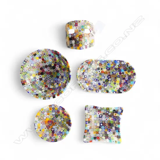 5 PCES MURANO MILLEFIORI GLASS; 4 BOWLS W.145mm + MASK