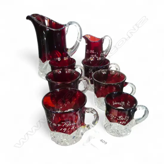 COLLECTION RED EDWARDIAN EXIBITION GLASS 2 JUGS H170MM TALLEST & 6 MISS MATCHED BEAKERS