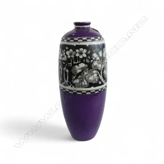 PHOENIX WARE THOMAS FORRESTER & SON VASE. Mauve w stylised band bird etc H.220mm