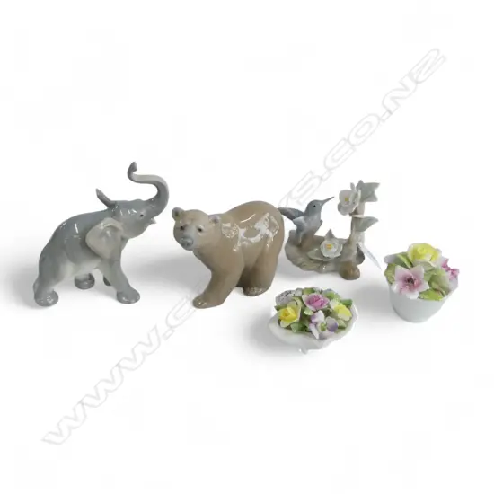 LLADRO BEAR H.95mm, SPANISH ELEPHANT, HUMMINGBIRD (JAPAN) + FLOWER BOUQUETS