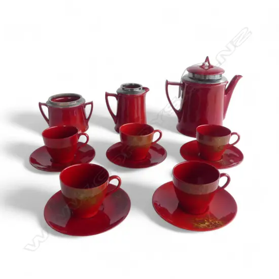 **RTV**  1920's ROYAL DOULTON FLAMBE DEMI-TASSE COFFEE 5 place SET with silver rimmed coffee pot, sugar pot & creamer
