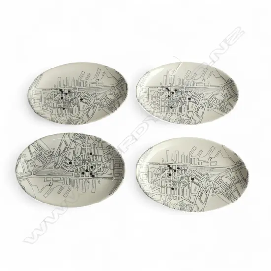 FOUR CROWN LYNN OVAL PLATES w MAP of DOWNTOWN AUCKLAND, L.230mm (reportedly made for Trillo's)