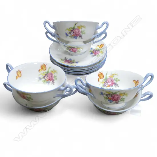 6 SHELLEY CHINA SOUP COUPES & PLATE BLUE FLORAL PAT