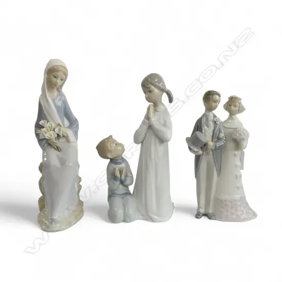 3 PCES LLADRO; HUSBAND & WIFE, WOMAN w. LILLIES (FAULTS) H.235mm, 2 PRAYING CHILDREN