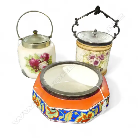 2 BISCUIT BARRELS H.150mm + STRATFORD EPNS RIM BOWL